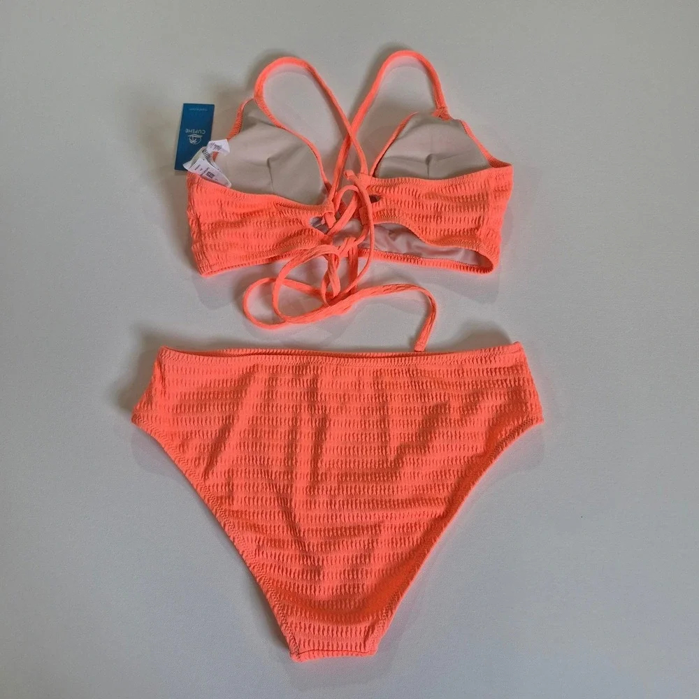 Cupshe Womens Neon Orange Smocked High Waisted Bikini‎ Set Size L New With Tags